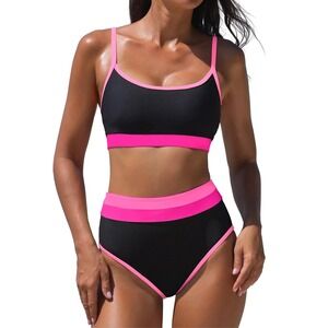 NWT Popvil Womens High Waisted Sporty Ribbed Black/Pink Bikini Medium